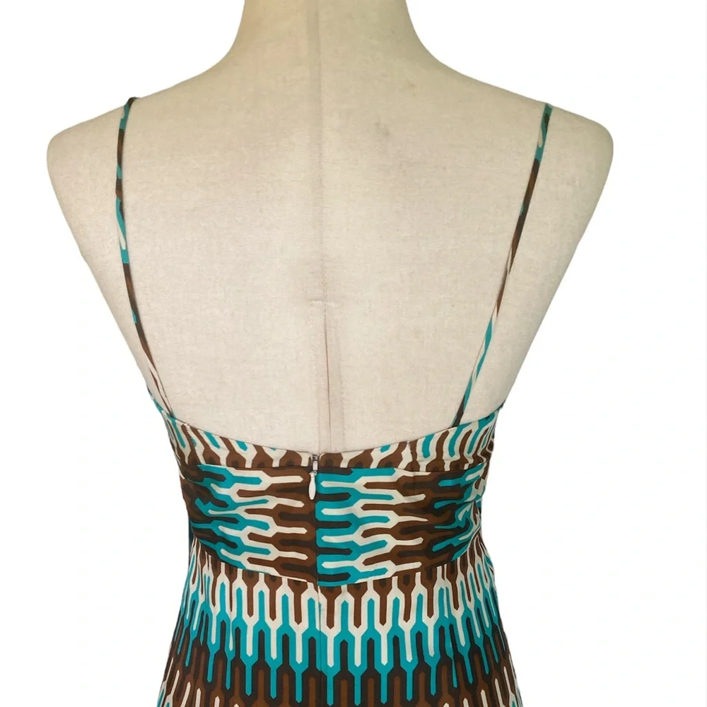 Milly of NY Silk Teal Green Brown Geometric Sheath Slip Column Dress - 6